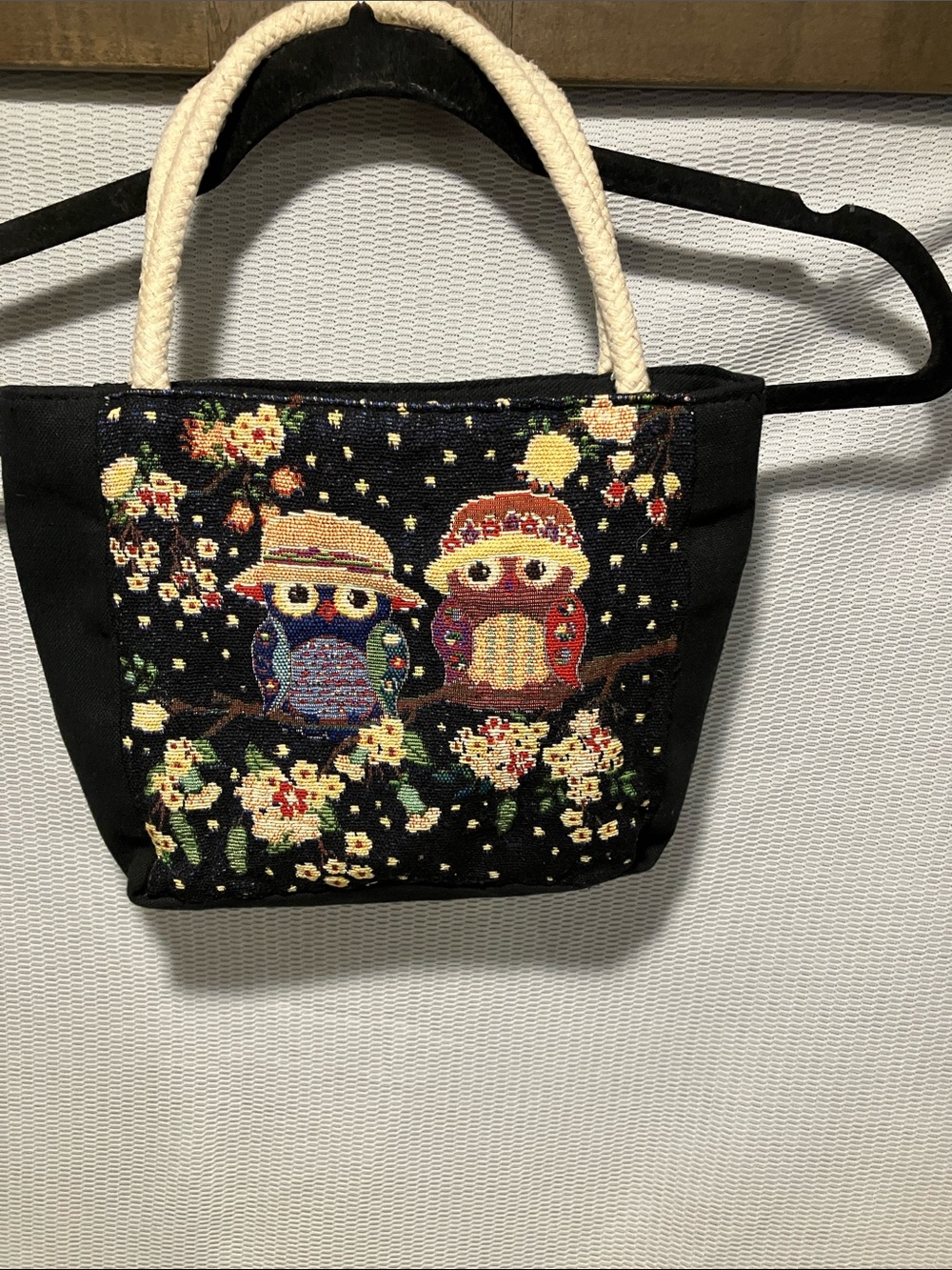Black Owl Tapestry Tote with Cream Rope Handles